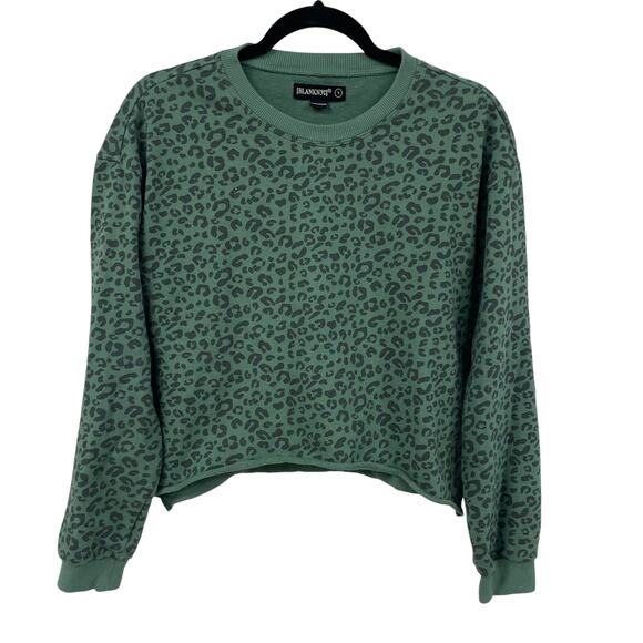 BlankNYC Cheetah Print Cropped Raw Hem Sweatshirt Green Womens Small - Picture 2 of 6